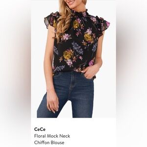 CeCe Black Floral Chiffon Blouse